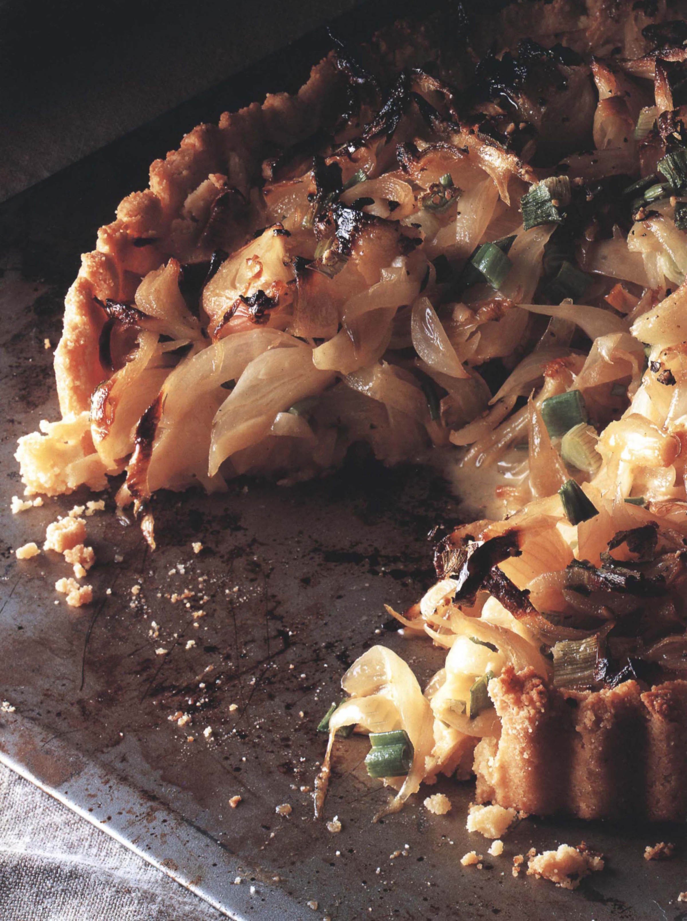 Shallot and Spring Onion Tart with Crunchy Hot Butter Pastry from Almost Vegetarian Cookbook by