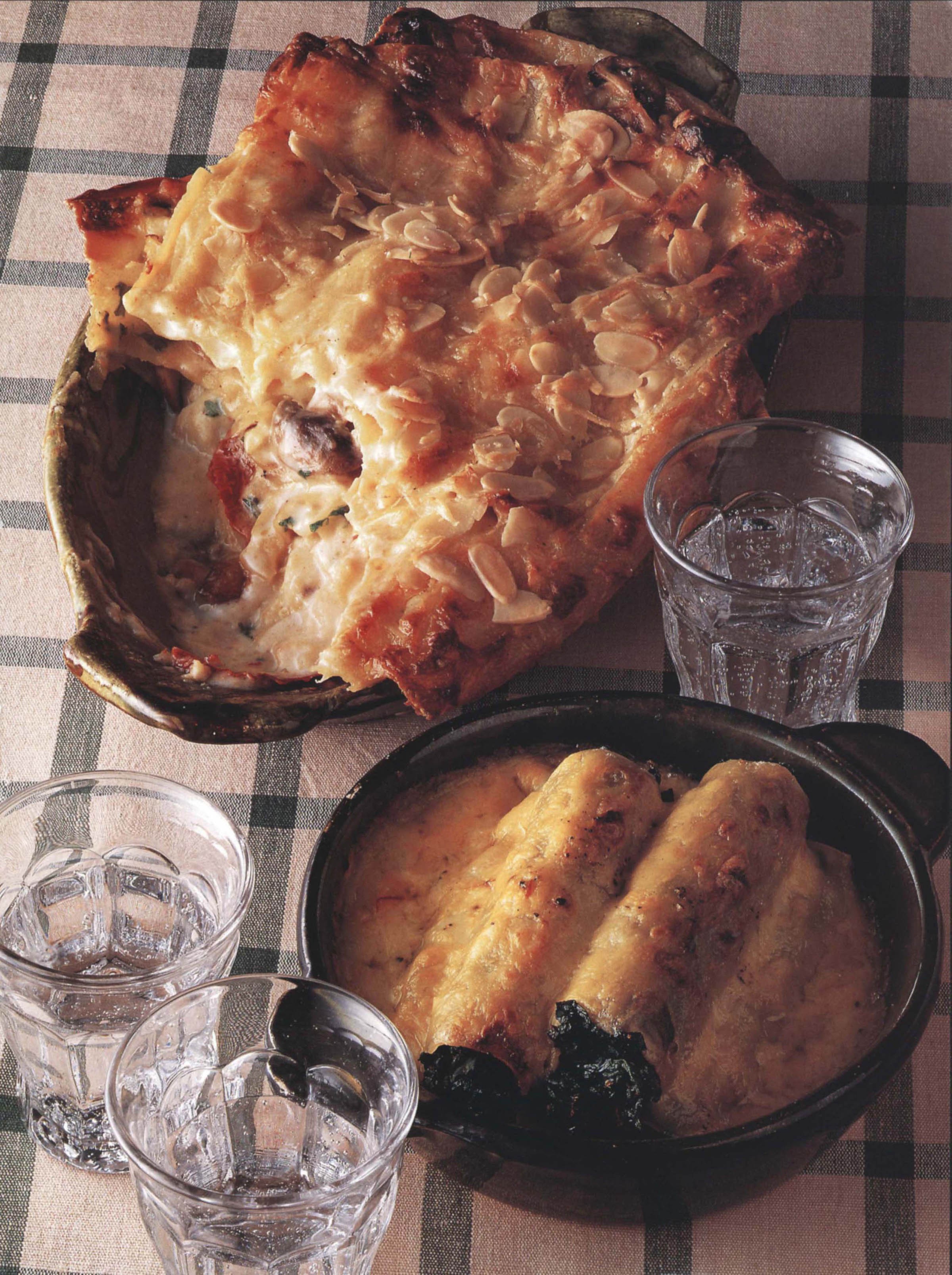 Smoked Haddock and Mushroom Lasagne with Crunchy Almond Top from Almost Vegetarian Cookbook by