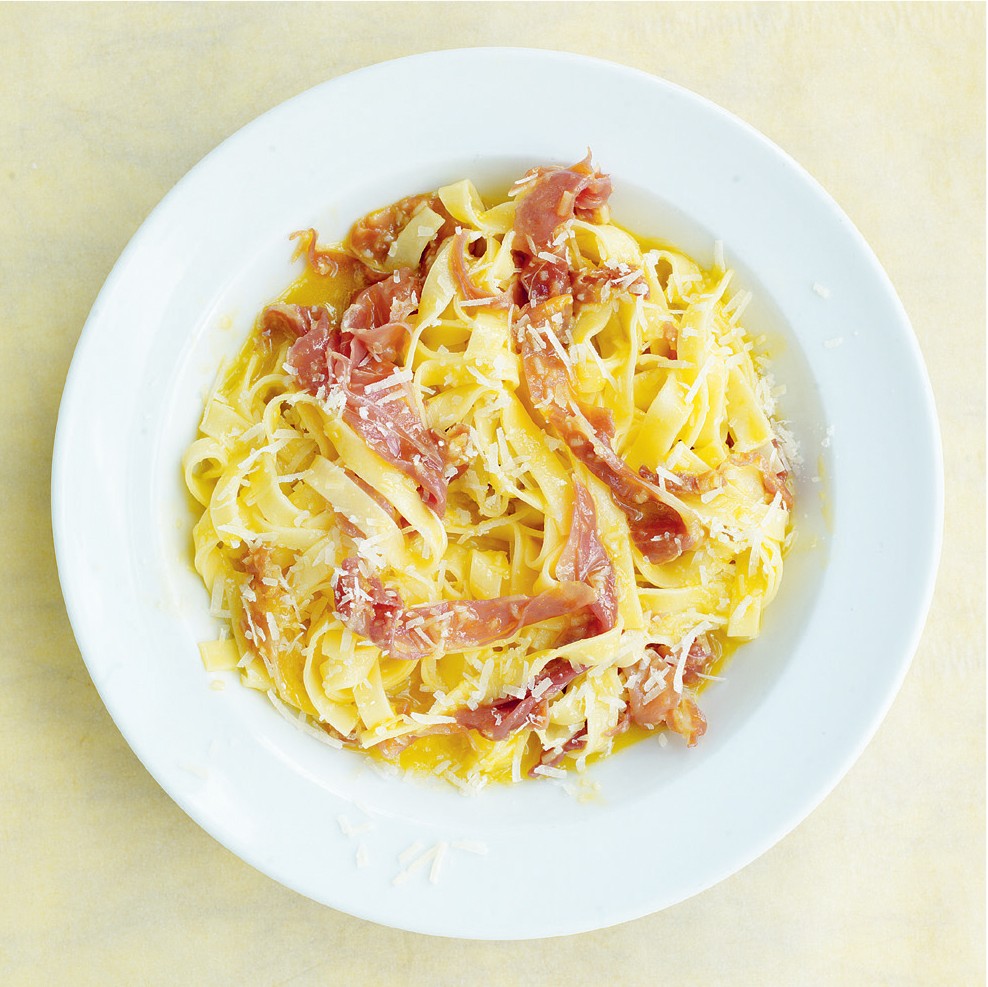 Tagliatelle Carbonara with Prosciutto from Around the World in 80 Dishes:  Classic Recipes from the World's Favourite Chefs by David Loftus