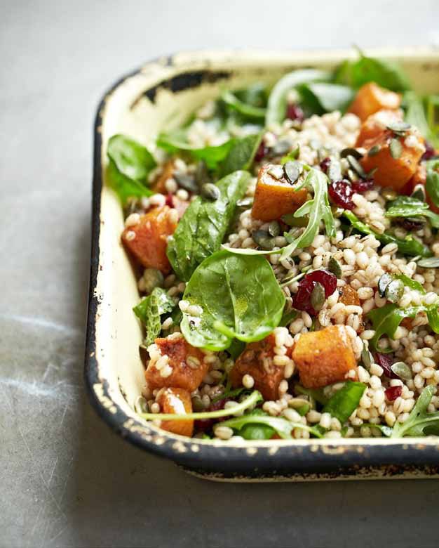 Roasted squash & pearl barley salad with pumpkin seeds & dried