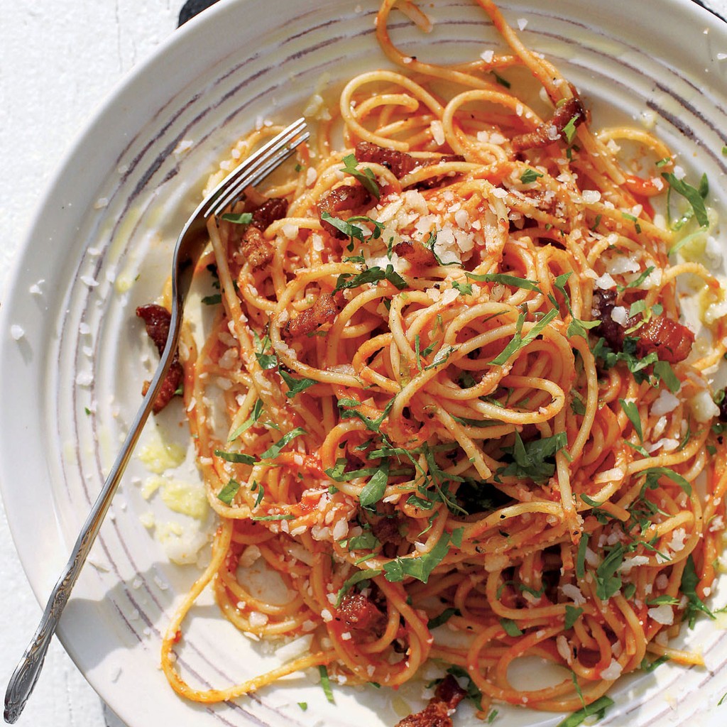 Spaghetti alla Chitarra with Yellow Tomato Sugo, Basil Oil and