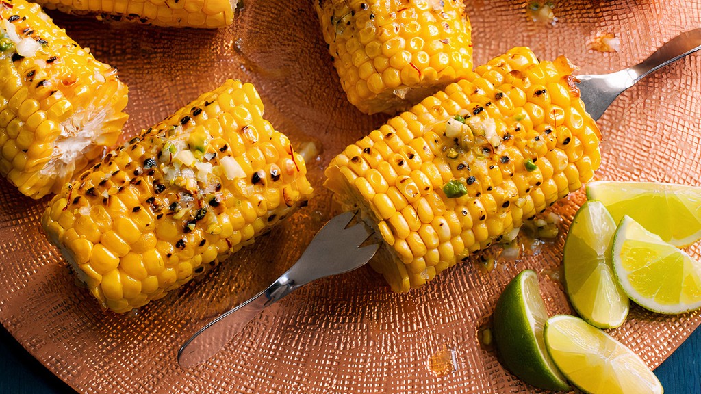 Corn on the Kobab with Pistachio-Saffron Butter from The Jewelled Kitchen  by Bethany Kehdy
