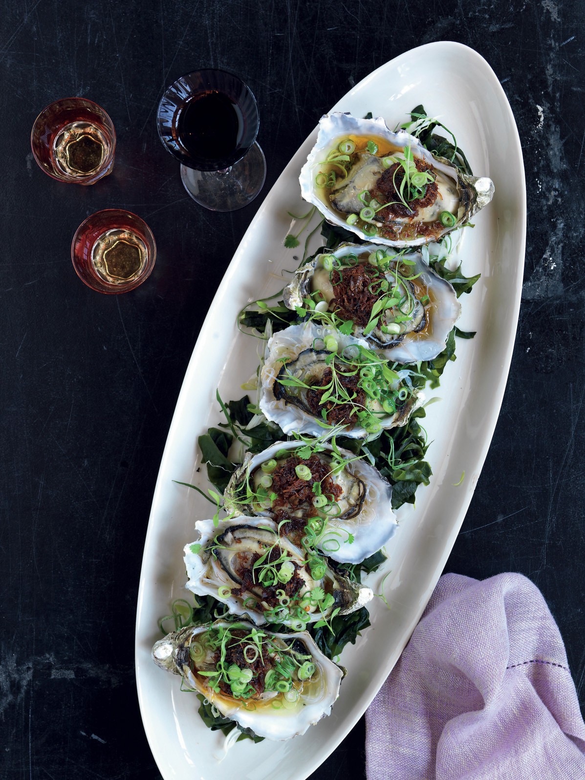 Steamed Pacific Oysters with XO, Vermicelli, Ginger and Shallots from