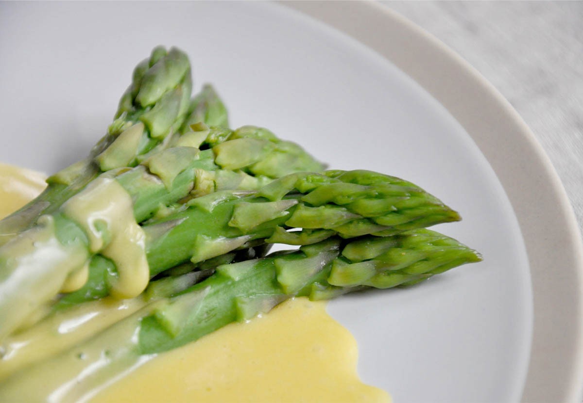 Steamed Asparagus with Hollandaise Sauce from My Paris Market Cookbook