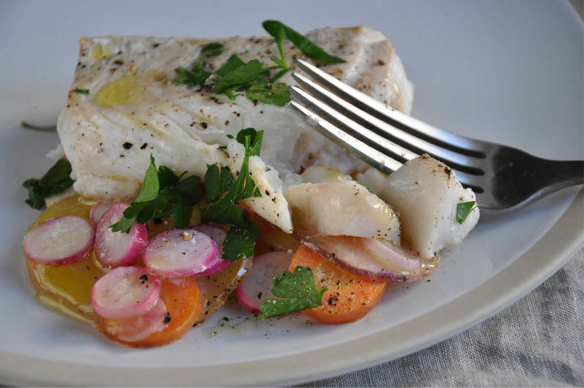 Parchment Baked Sea Bass en Papillote with Spring Vegetables from My