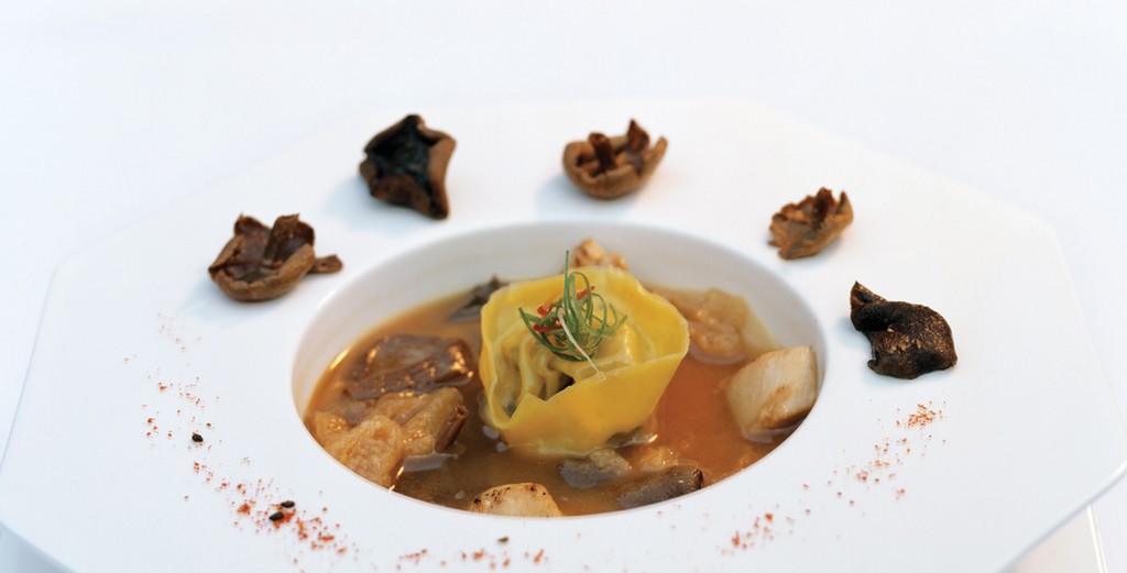 DoubleBoiled Chicken and Wild Mushroom Consommé with Truffle Dumplings