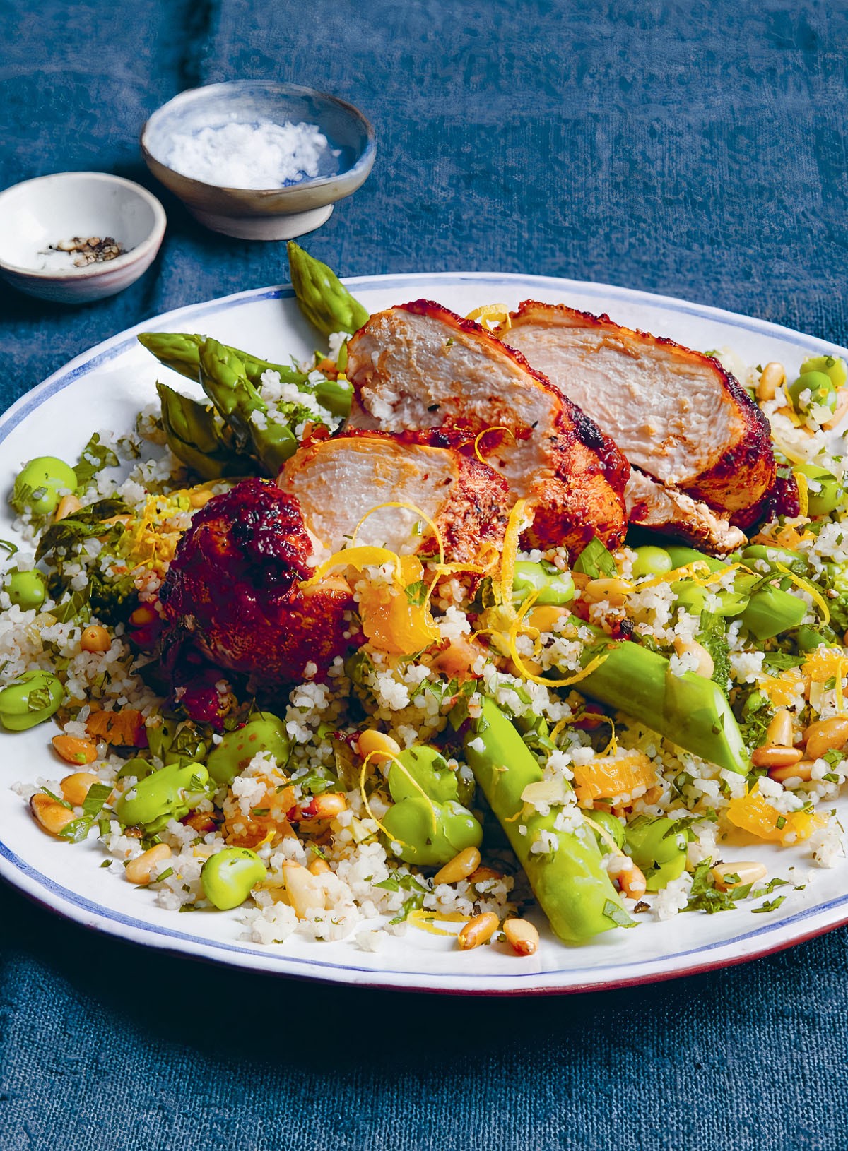 Grilled harissa chicken with preserved lemon, barley couscous and herbs