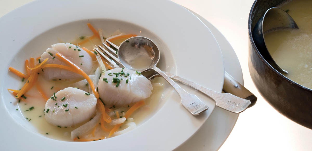 Sea Scallops à la Nage from Sauces Classical and Contemporary Sauce