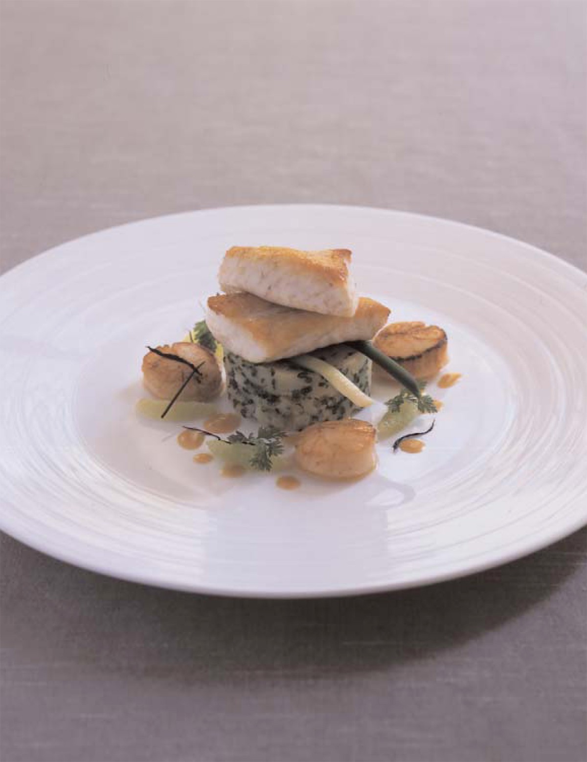 Pan Fried John Dory and Scallops with Crushed Potato, Baby Leeks and