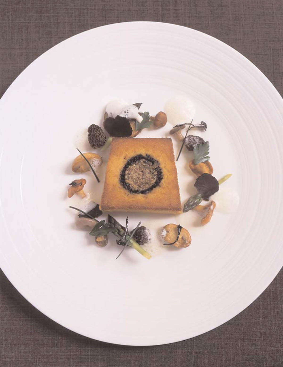 Polenta Terrine with Sautéed Mushrooms, Asparagus and Parmesan Cream