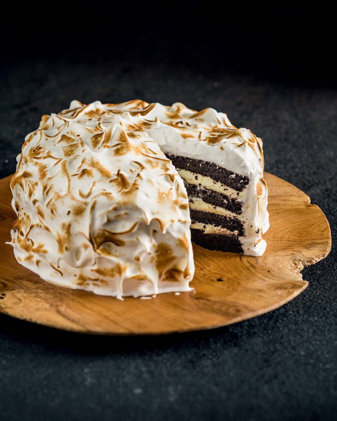 Dark Chocolate Cake with White Chocolate Ganache and Marshmallow Frosting from Simply Delicious
