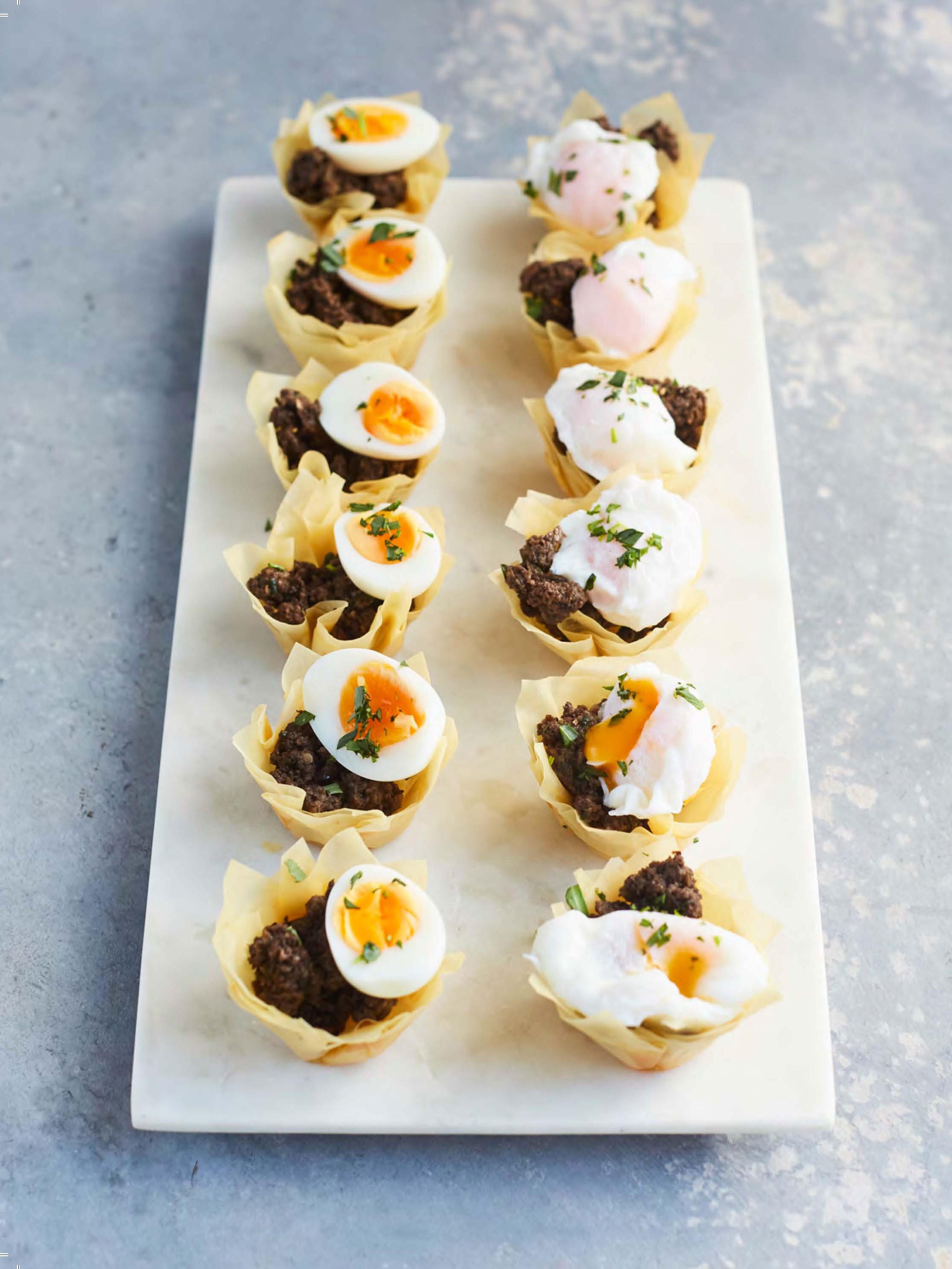 Filo tartlets with mushroom duxelles and quails’ eggs from Prue My All