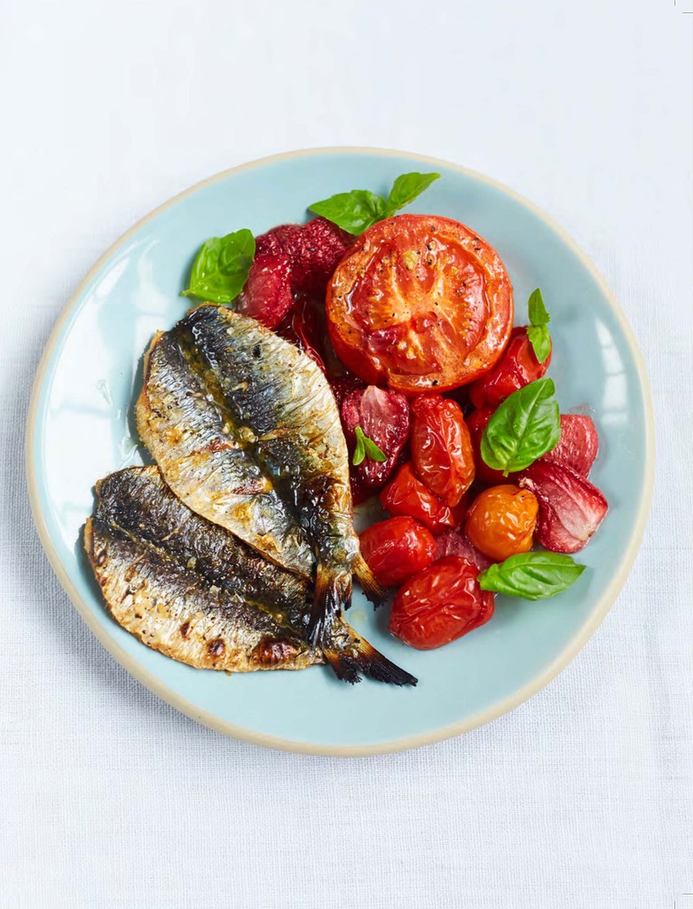 Butterflied sardines with slowroast tomato and strawberries from Prue