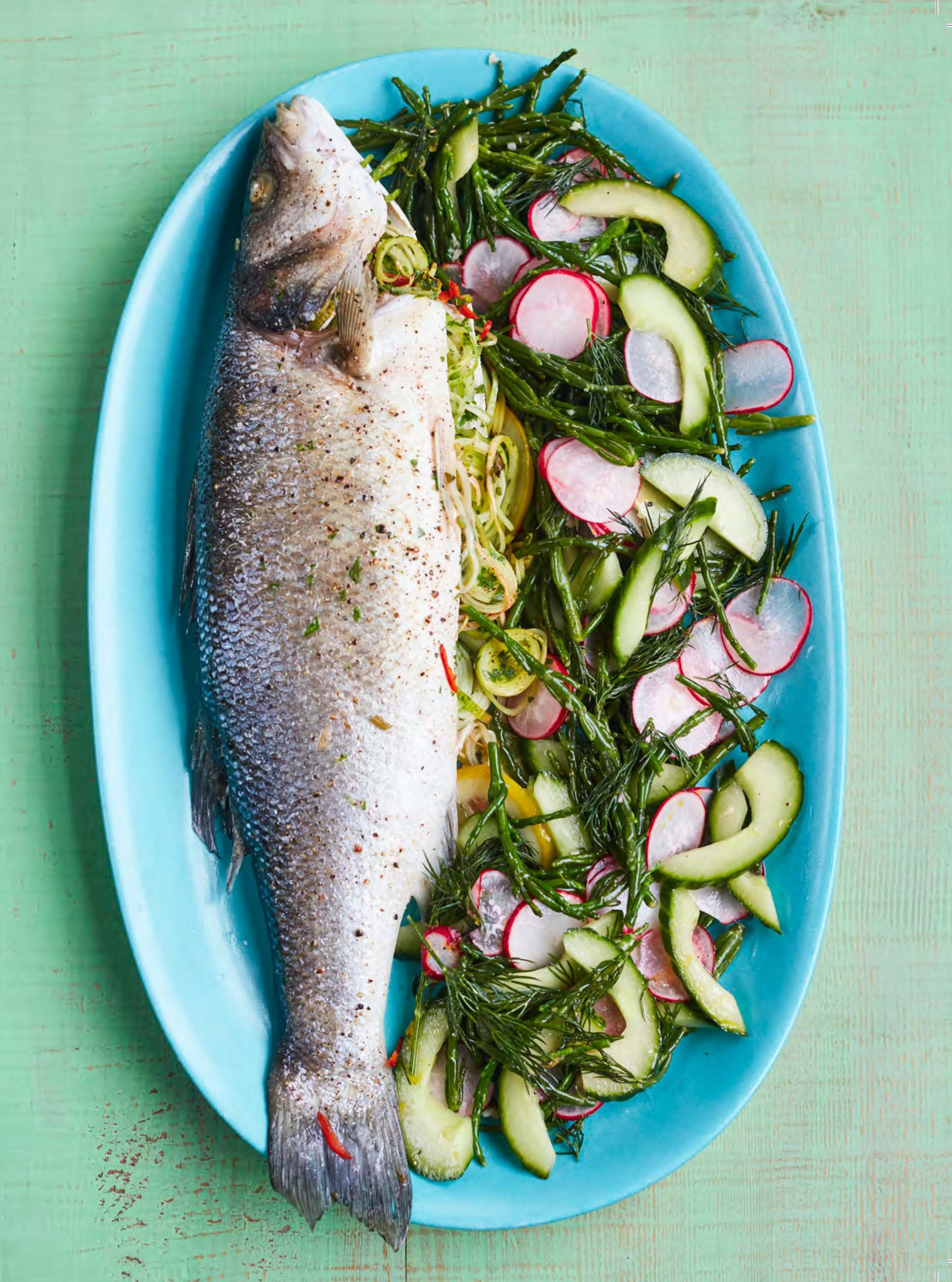 Baked Sea Bass With Samphire And Cucumber From Prue My All Time Favourite Recipes By Prue Leith