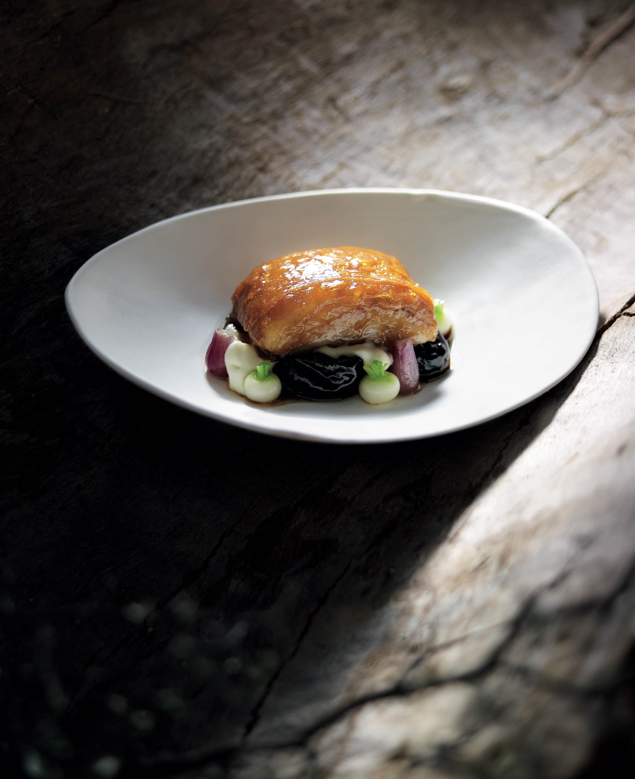 SlowBraised Berkshire Pig Jowl, Maltose Crackling, Prunes, Soubise