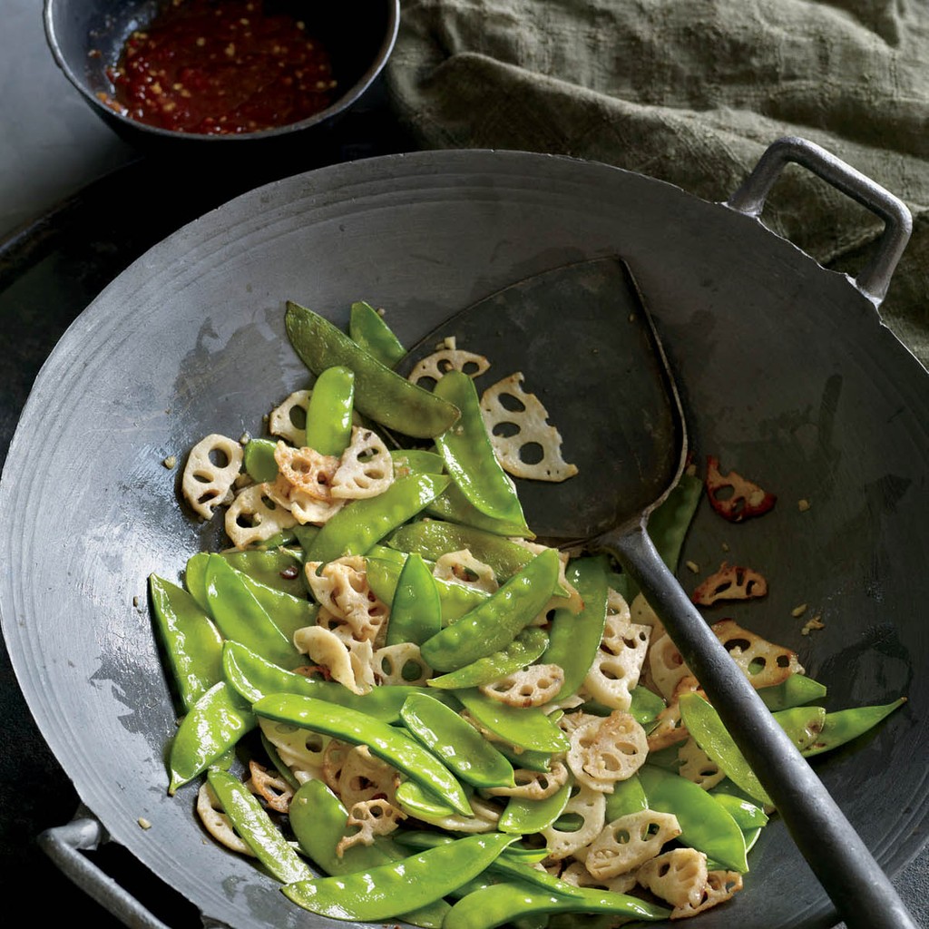 Stir-Fried Lotus Root and Snow Peas from Roots: The Definitive Compendium  by Diane Morgan
