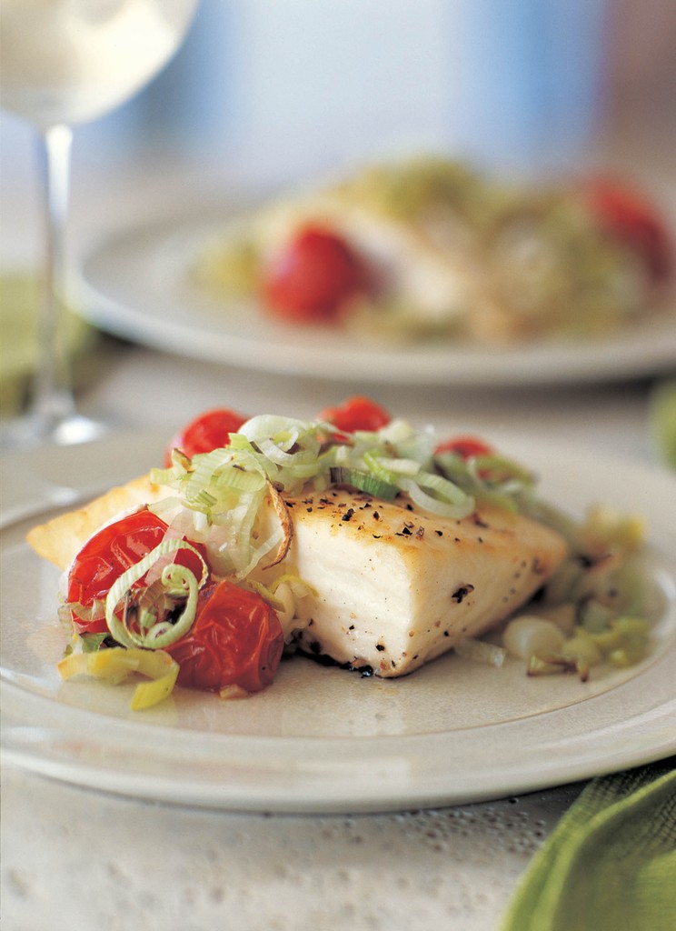 Halibut with Tomatoes & Leeks from The Weeknight Cook by Brigit Binns