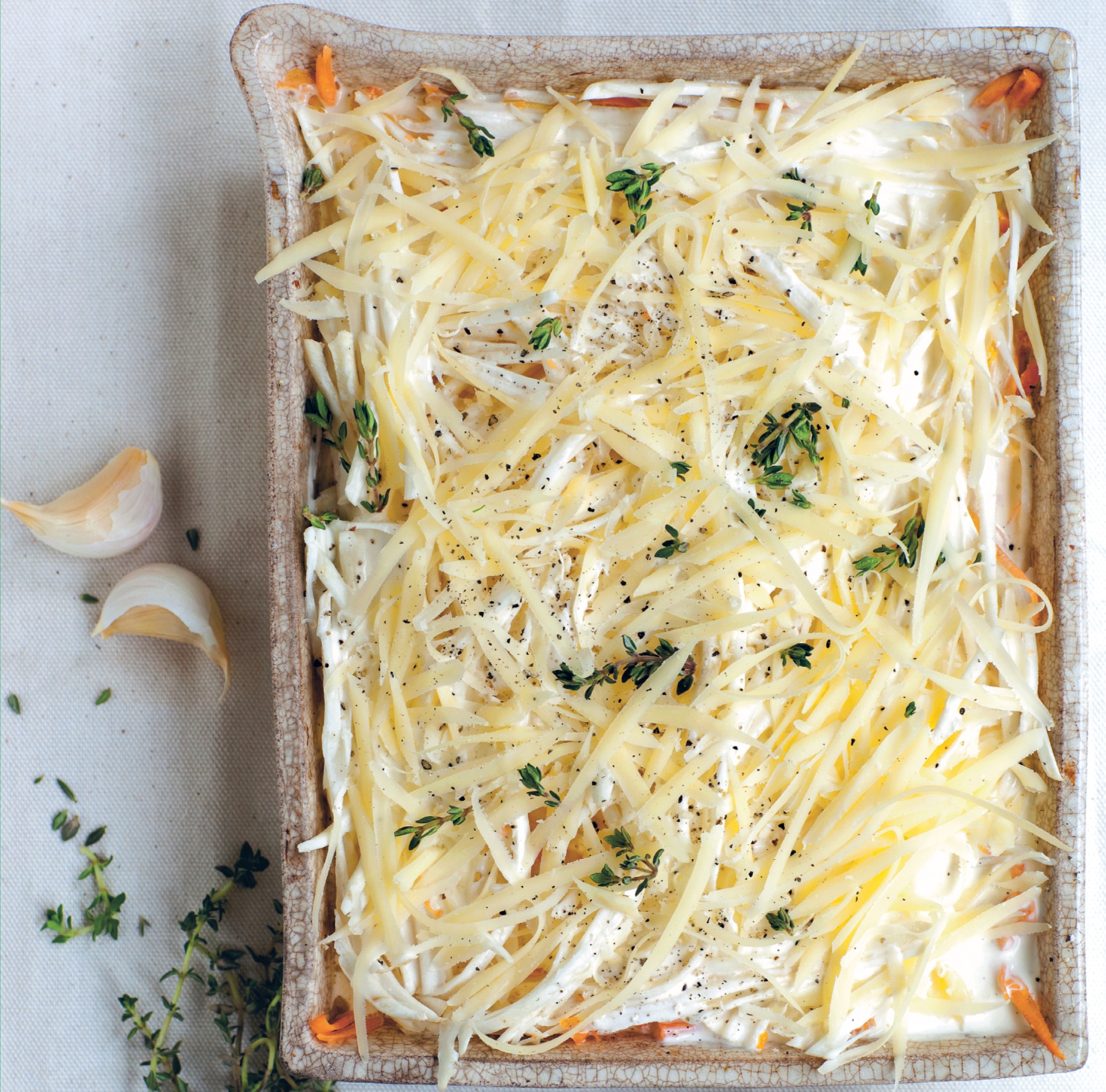 Shredded vegetable gratin with crème fraîche and gruyère from
