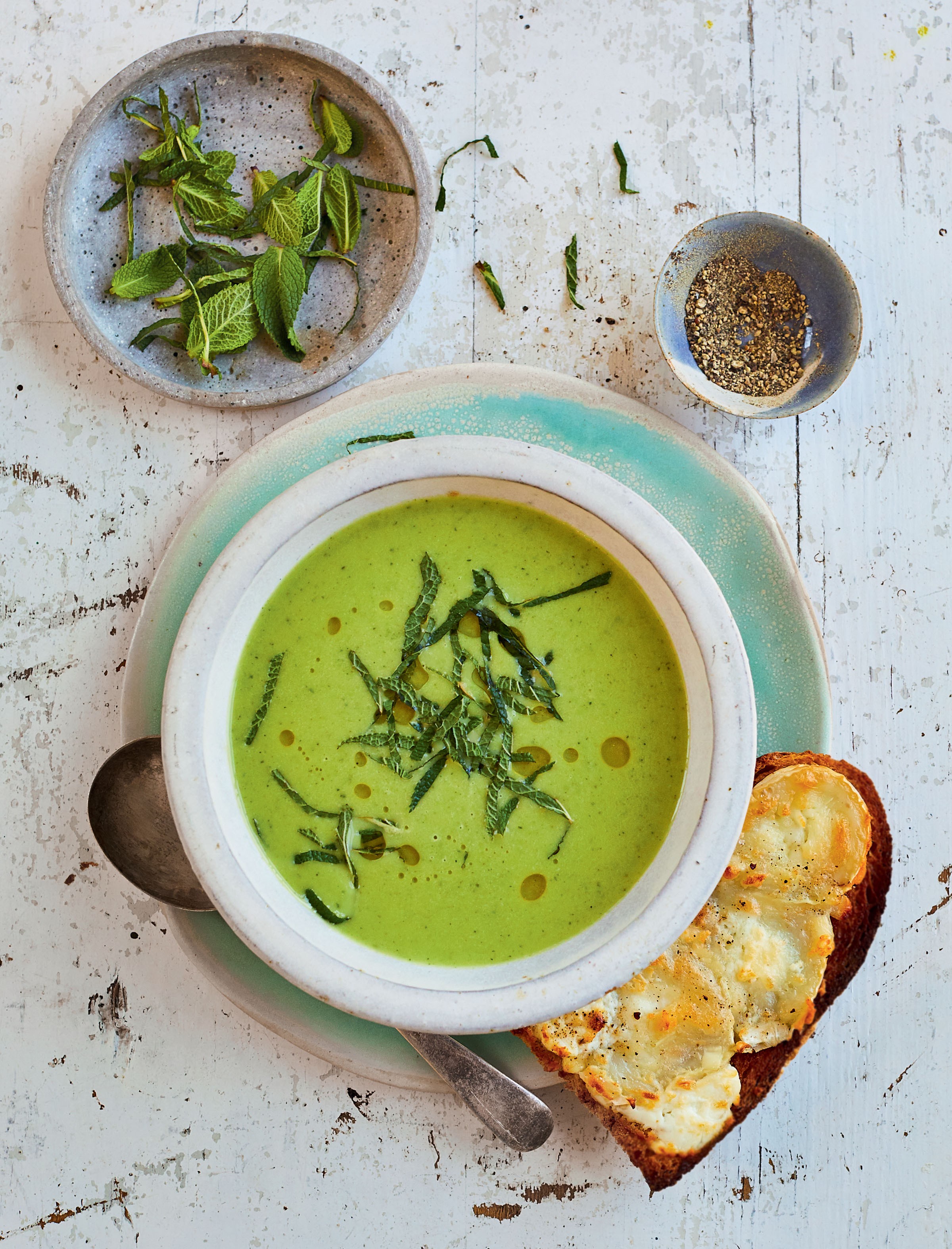 Courgette, Pea and Mint Soup with Goat’s Cheese Toasts from The